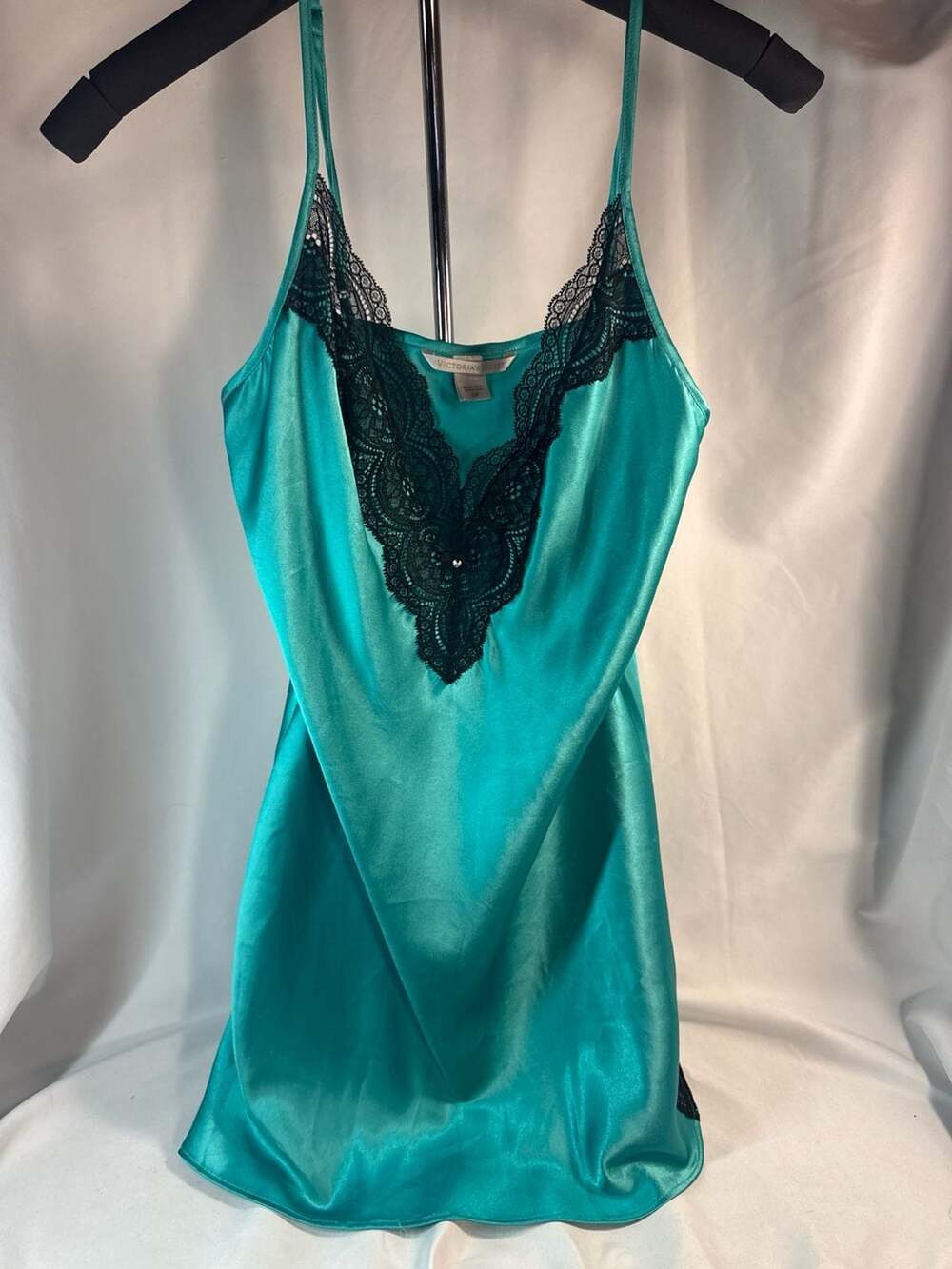 Victoria's Secret Vintage Teal Satin & Black Lace Mini Slip Chemise